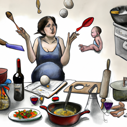 An image depicting a stressed mother juggling a multitude of tasks, surrounded by a whirlwind of cooking utensils, while a perfectly balanced meal remains untouched on the table