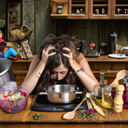 An image showcasing a tired and overwhelmed mom in a cluttered kitchen, surrounded by pots, pans, and ingredients, depicting the physical and mental toll that cooking healthy family meals can have on her health