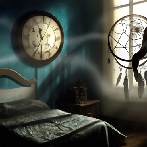 An image of a serene moonlit bedroom, where an ethereal figure stands beside a glowing clock showing 3 AM