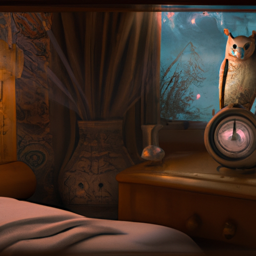 An image that depicts a serene bedroom scene with a dimly lit clock showing 3 AM