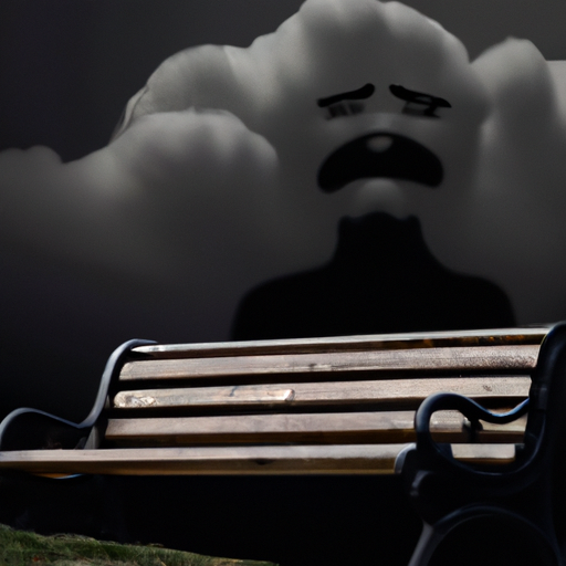 An image that depicts a person sitting alone on a park bench, surrounded by storm clouds