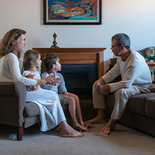 An image capturing a serene living room scene, where a couple engaged in a calm discussion sits facing each other, maintaining eye contact, with relaxed body language, while their children observe, displaying curiosity and reassurance