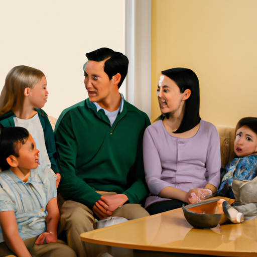 An image depicting a peaceful living room scene with two parents engaged in a calm and respectful conversation, while their children watch attentively