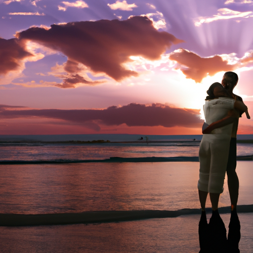 An image capturing a couple embracing on a picturesque beach at sunset, while a faint silhouette of the boyfriend's ex fades away in the distance, symbolizing the acceptance and harmonious coexistence of past and present love