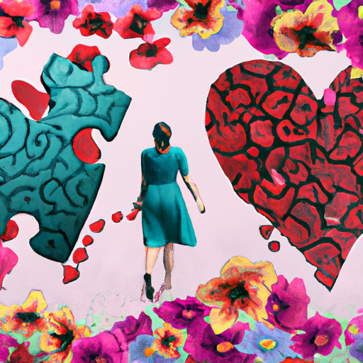 An image showcasing a woman confidently walking away from a broken heart-shaped puzzle, symbolizing the courage to defy societal norms