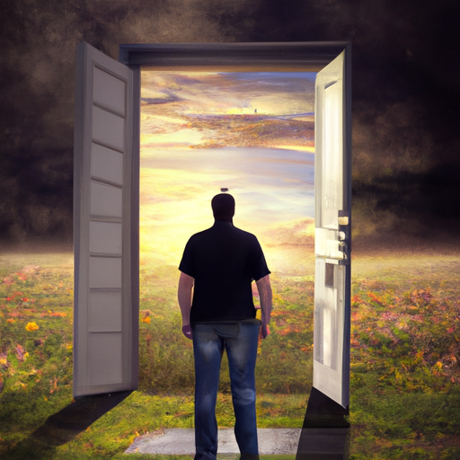 An image depicting a person stepping out of a dark, closed door into a sunlit meadow, symbolizing the end of a relationship as an opportunity to explore new horizons and embrace the potential for love