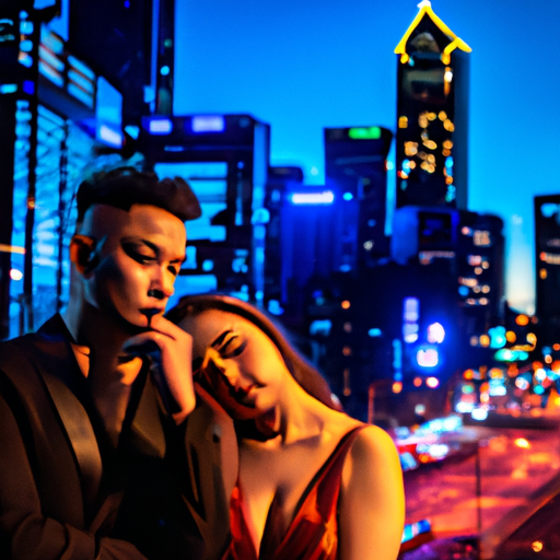 An image that captures the essence of changing societal norms and expectations by depicting a modern couple in a bustling city, surrounded by countless opportunities and distractions, symbolizing the increasing prevalence of infidelity