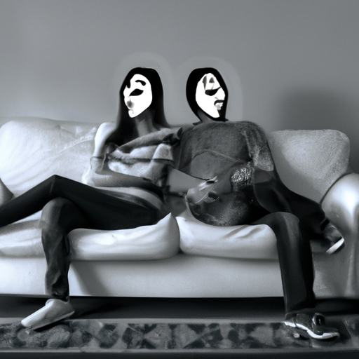 An image that portrays a couple sitting side by side on a couch, their faces masked with expressions of emptiness, while a visible gap separates them, symbolizing the absence of emotional connection and the potential catalyst for infidelity