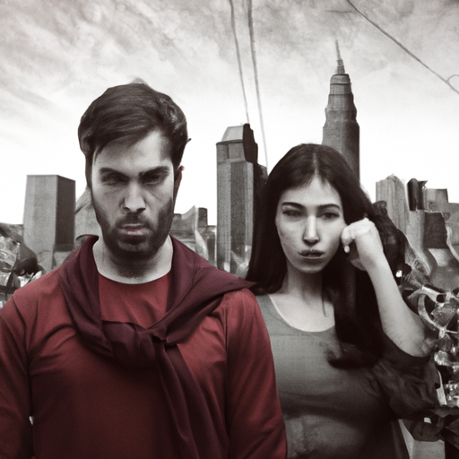 An image that depicts a woman and a man, both wearing weary expressions, surrounded by a chaotic cityscape