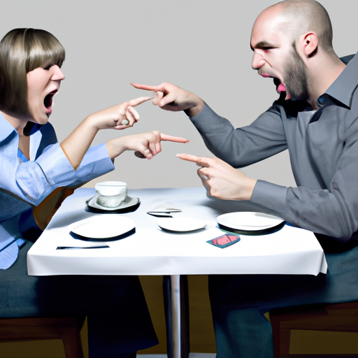An image showcasing a couple seated at a table, with one partner pointing a finger and shouting, while the other partner looks downtrodden and visibly hurt, symbolizing the detrimental effects of name-calling in relationships