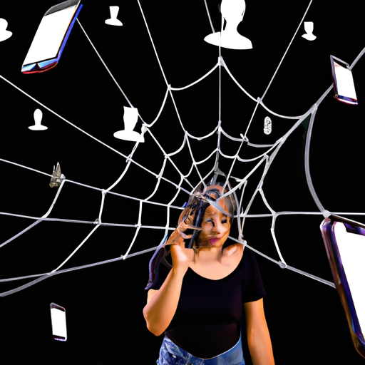 An image of a person trapped in a web of smartphone screens, each displaying different social media platforms, as they futilely reach out to the real world, symbolizing the irresistible pull of constant connectivity