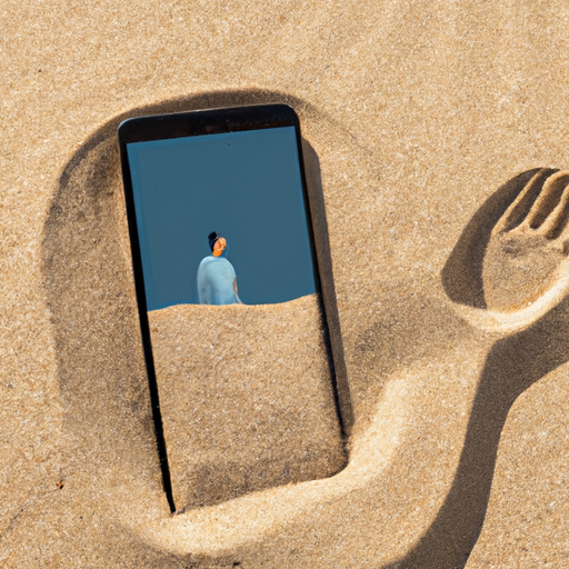 An image depicting a serene beach scene with a smartphone buried in the sand, symbolizing the need to disconnect