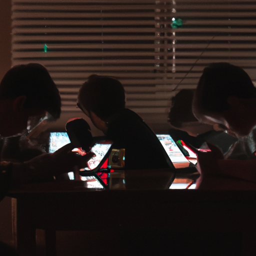An image capturing a dimly lit room with a cluttered desk, scattered with multiple smartphones