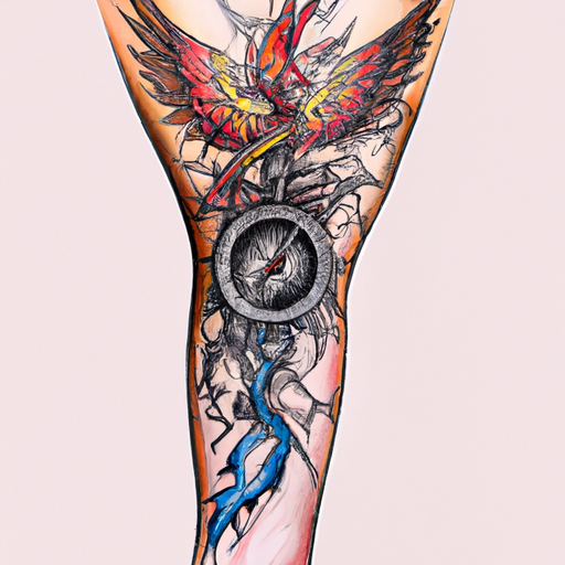 An image showcasing a tattoo sleeve adorning a celebrity's arm, featuring a vibrant phoenix rising from ashes, intertwining with a compass, as intricate linework reveals a map tracing their transformative life experiences