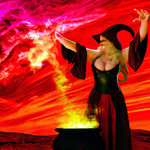 An image showcasing a vibrant celestial scene with a fierce Aries witch casting spells under a crimson sky