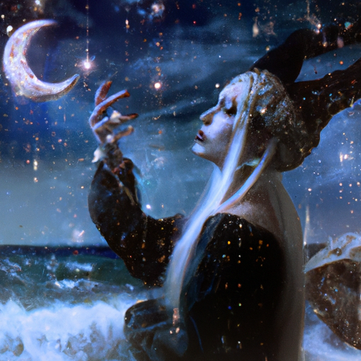 An image showcasing ethereal moonlit shores where a mystical Cancerian witch with flowing silver hair gazes at the night sky, her hands adorned with delicate crystals, as she weaves potent spells with her intuitive magic