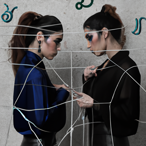 An image showcasing a perplexed Gemini and a meticulous Virgo, facing each other but separated by a wall of crossed wires