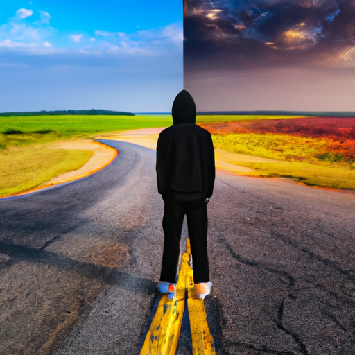An image depicting a person standing at a crossroads, facing a vibrant future on one side, while the other side portrays a desolate landscape of faded memories and missed opportunities