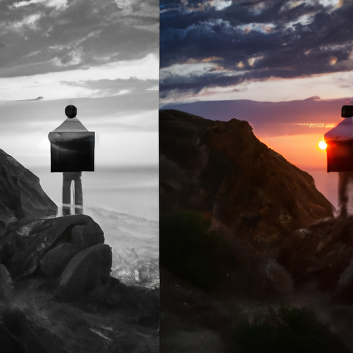 An image of a person standing on a picturesque cliff, facing a breathtaking sunset