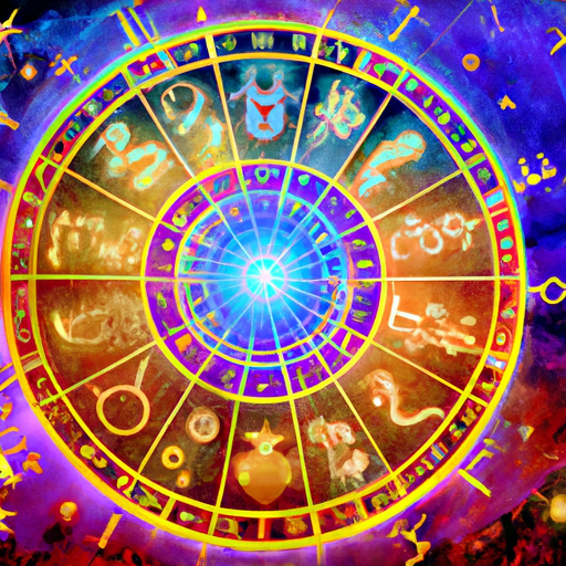 An image showcasing a vibrant celestial wheel, with each zodiac sign represented by their corresponding lucky number, radiating cosmic energy and adorned with intricate astrological symbols