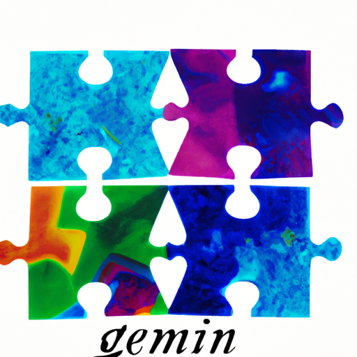 An image showcasing a vibrant kaleidoscope of colors, with two interlocking puzzle pieces, each representing the duality of Gemini