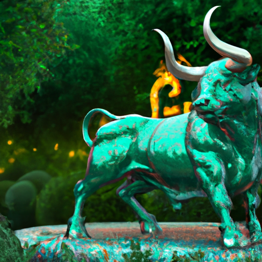 An image showcasing a luxurious, opulent space engulfed in shades of green, adorned with sparkling emeralds, and featuring a strong, sturdy bull statue, symbolizing Taurus' unwavering financial success