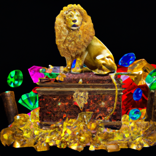 An image showcasing a majestic golden lion sitting atop a glittering throne, surrounded by overflowing treasure chests, sparkling diamonds, and prosperous symbols of wealth and abundance
