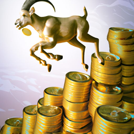 An image showcasing a determined Capricorn scaling a mountain of golden coins, symbolizing their unwavering ambition and relentless pursuit of financial success