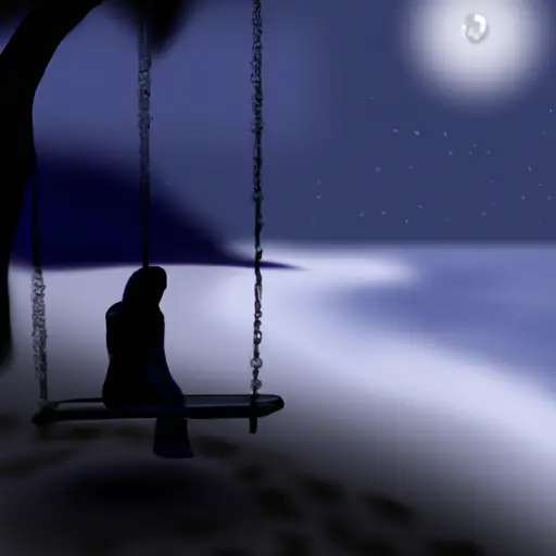 An image showcasing a serene moonlit beach at night, with a solitary figure sitting on a swing, gazing at the ocean