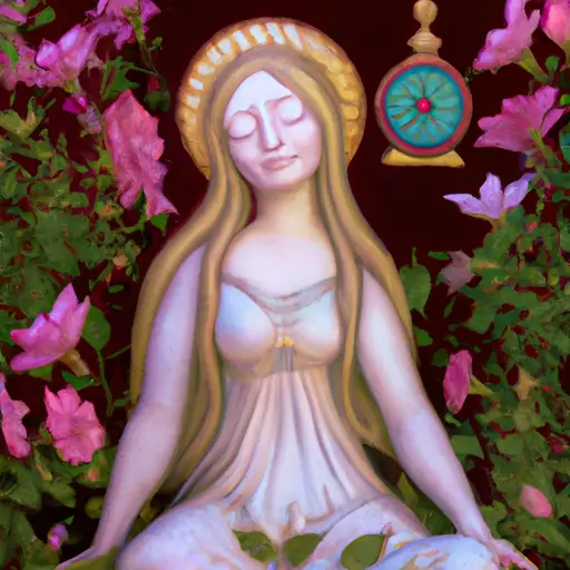 An image depicting a serene Libra sitting in a sunlit garden, surrounded by delicate flowers