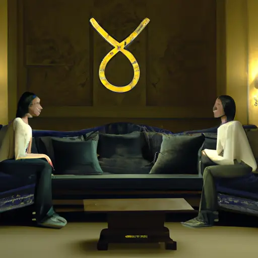An image of a dimly lit room with two figures seated on opposite ends of a couch
